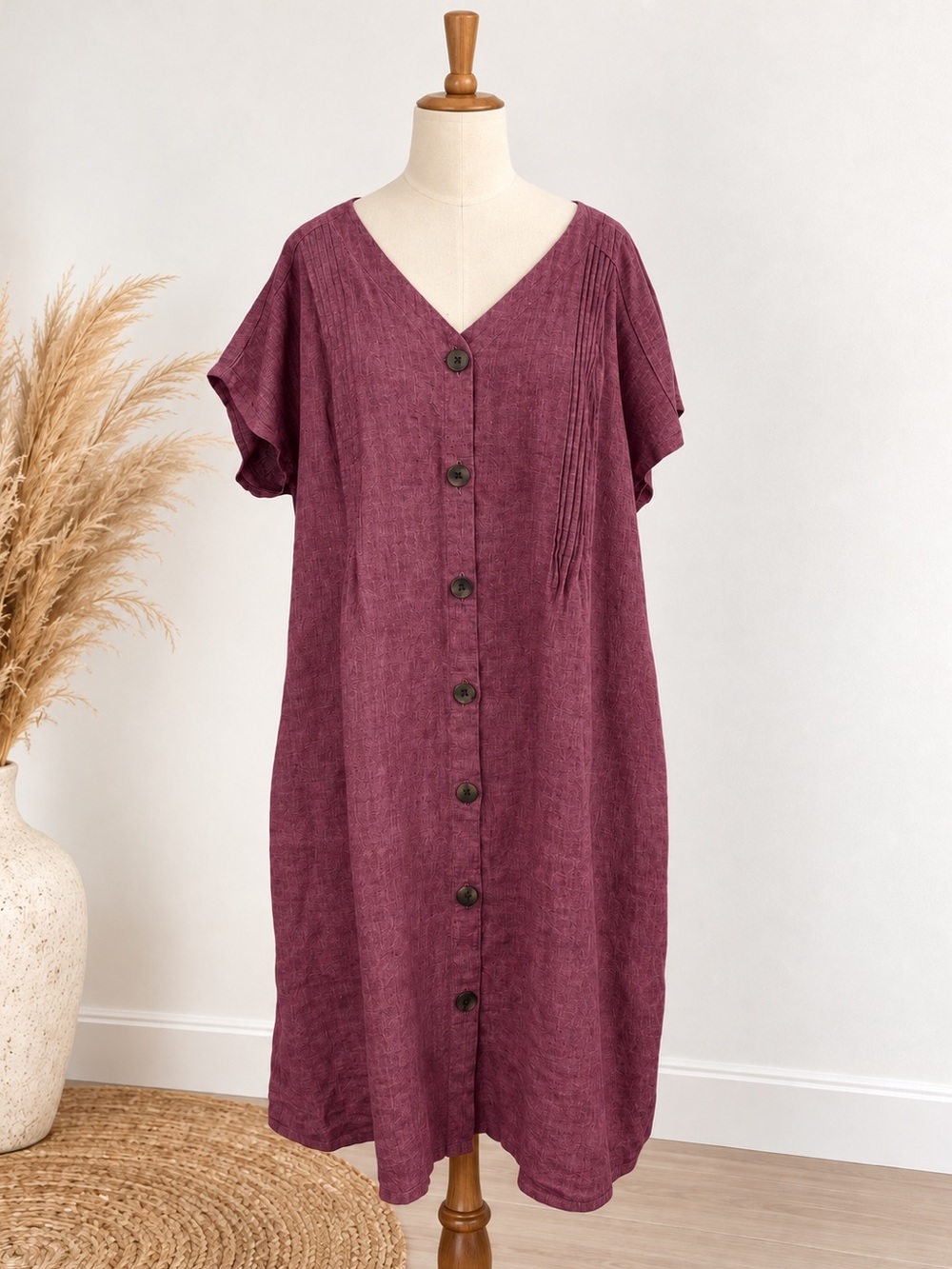 J. Jill - Love Linen 100% Linen Burgundy Button Front Midi Dress Size XL